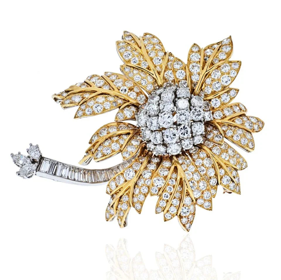 Platinum & 18K Yellow Gold 22 Carat Diamond Flower Brooch - The Back Vault