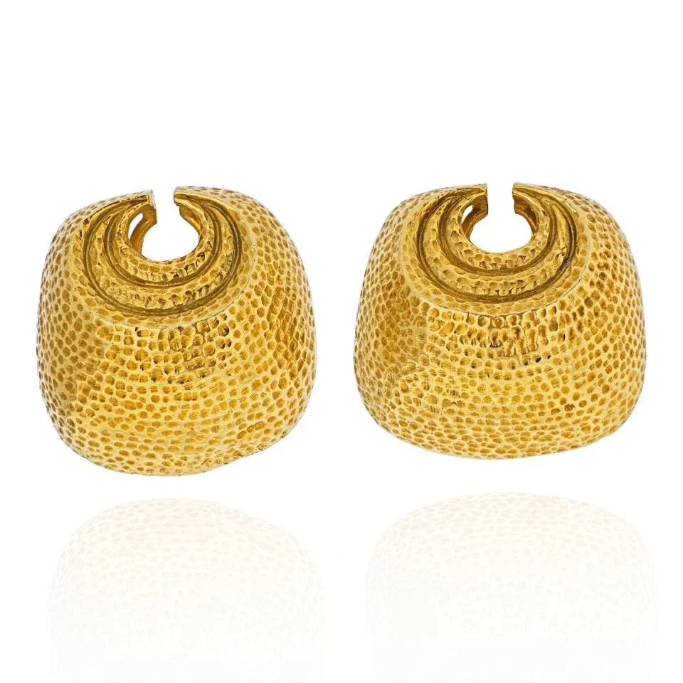David Webb 18K Yellow Gold Croissant Motif Hammered Finish Earrings - The Back Vault