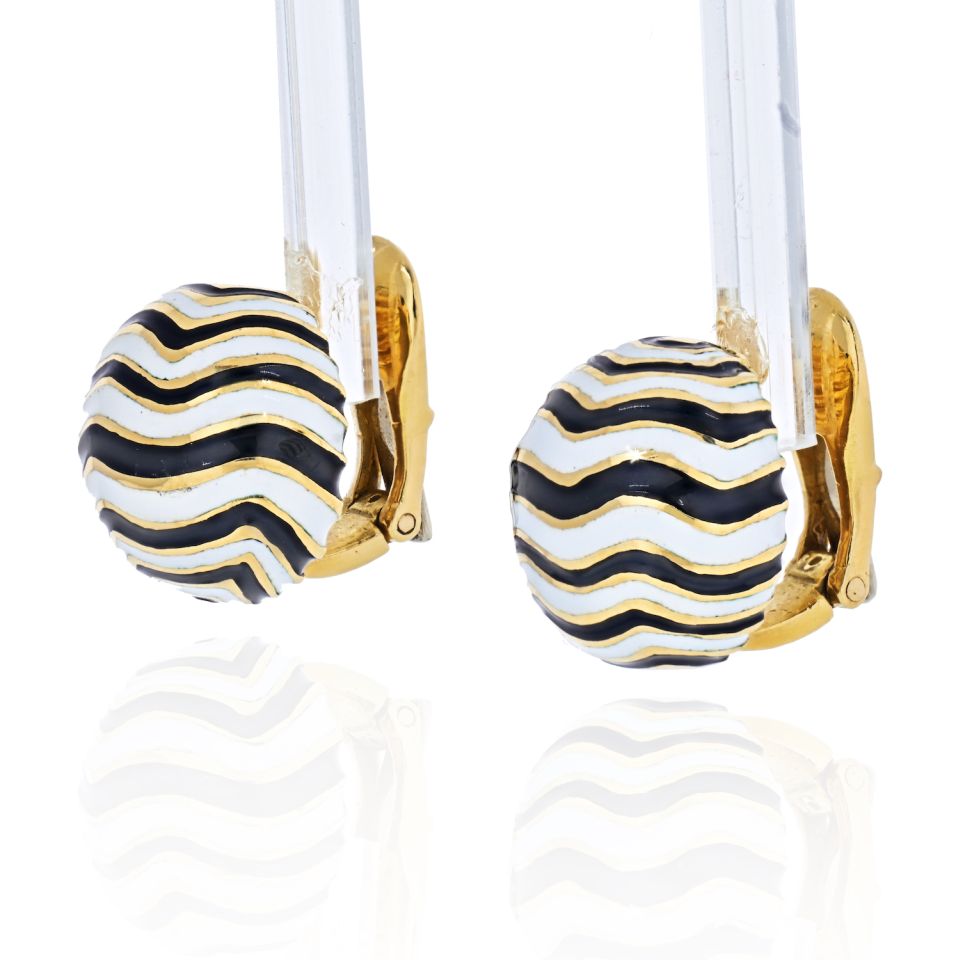 David Webb Platinum & 18K Yellow Gold Signature Zebra Enamel Round Earrings