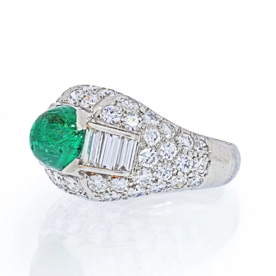 Cartier Platinum Cabochon Emerald And Diamond Vintage Ring - The Back Vault