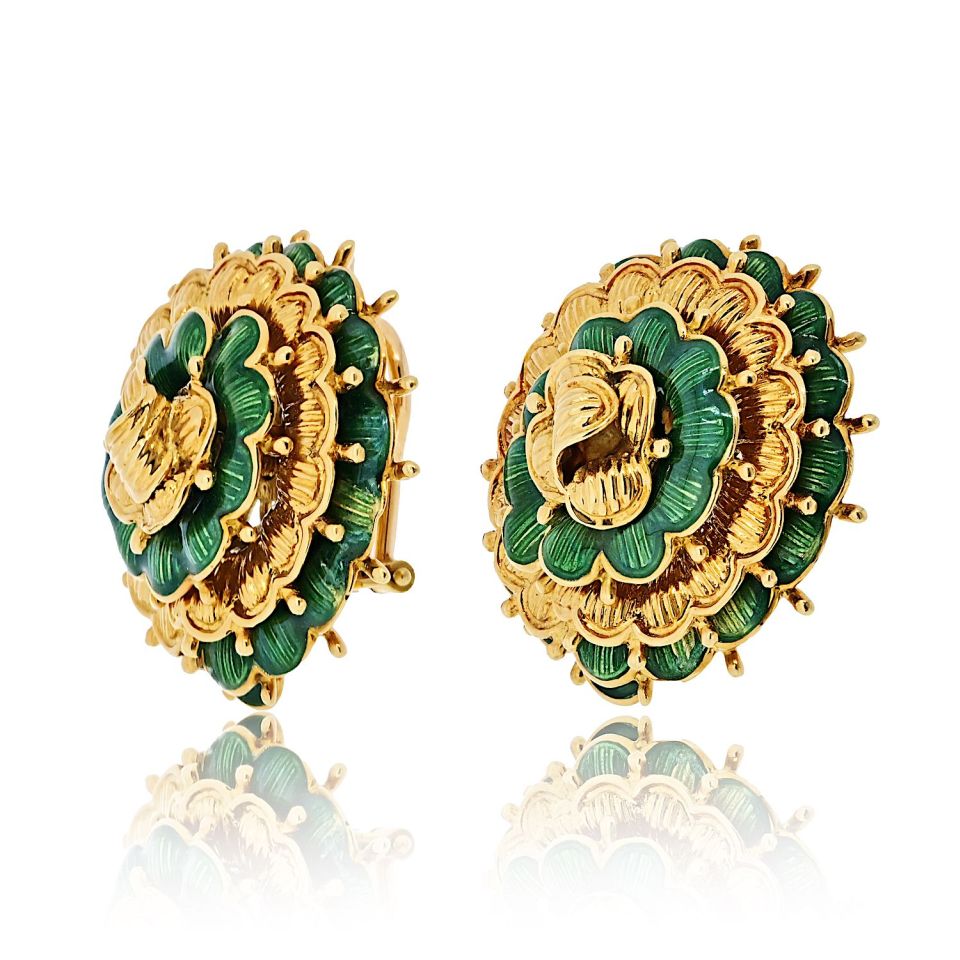 Tiffany & Co. 18K Yellow Gold 1970's Green Enamel Clip On Earrings