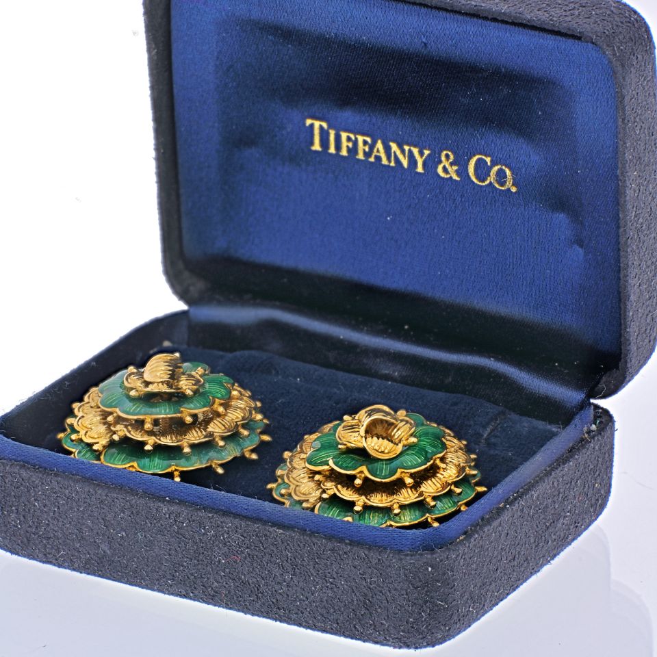 Tiffany & Co. 18K Yellow Gold 1970's Green Enamel Clip On Earrings