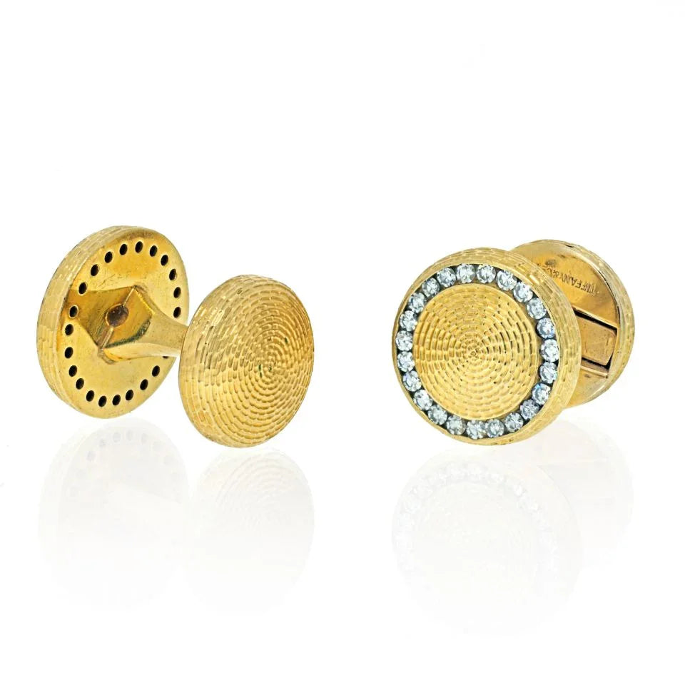 Tiffany & Co. 14K Yellow Gold Round Diamond Textured Cuff Links - The Back Vault