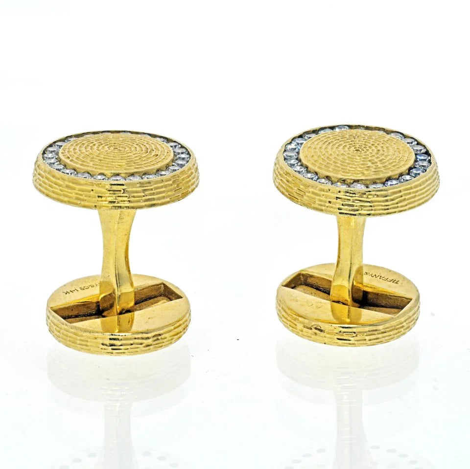 Tiffany & Co. 14K Yellow Gold Round Diamond Textured Cuff Links - The Back Vault