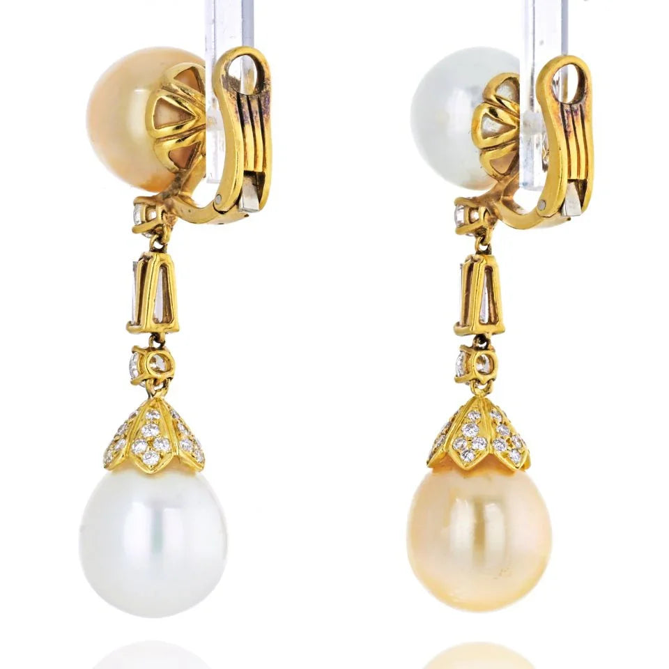 18K Yellow Gold White And Yellow Pearl Diamond Earrings - The Back Vault