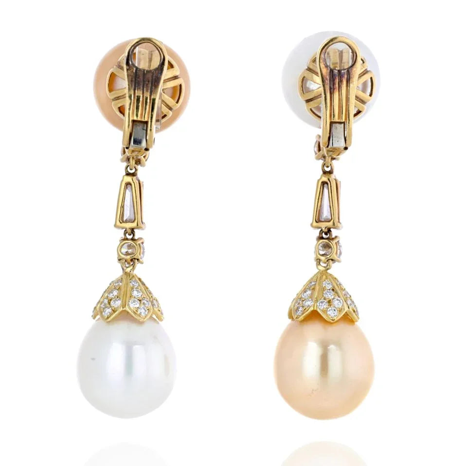 18K Yellow Gold White And Yellow Pearl Diamond Earrings - The Back Vault