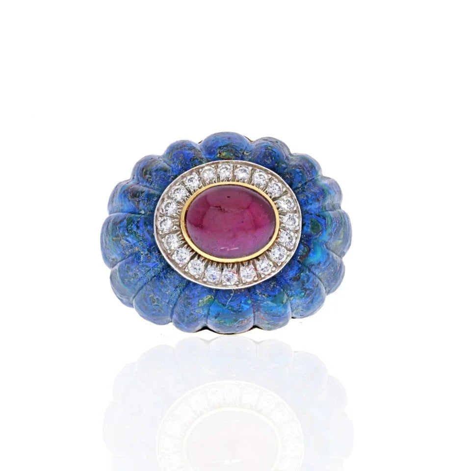 David Webb 18K Yellow Gold Azure-Malachite, Ruby, Diamond Ring - The Back Vault