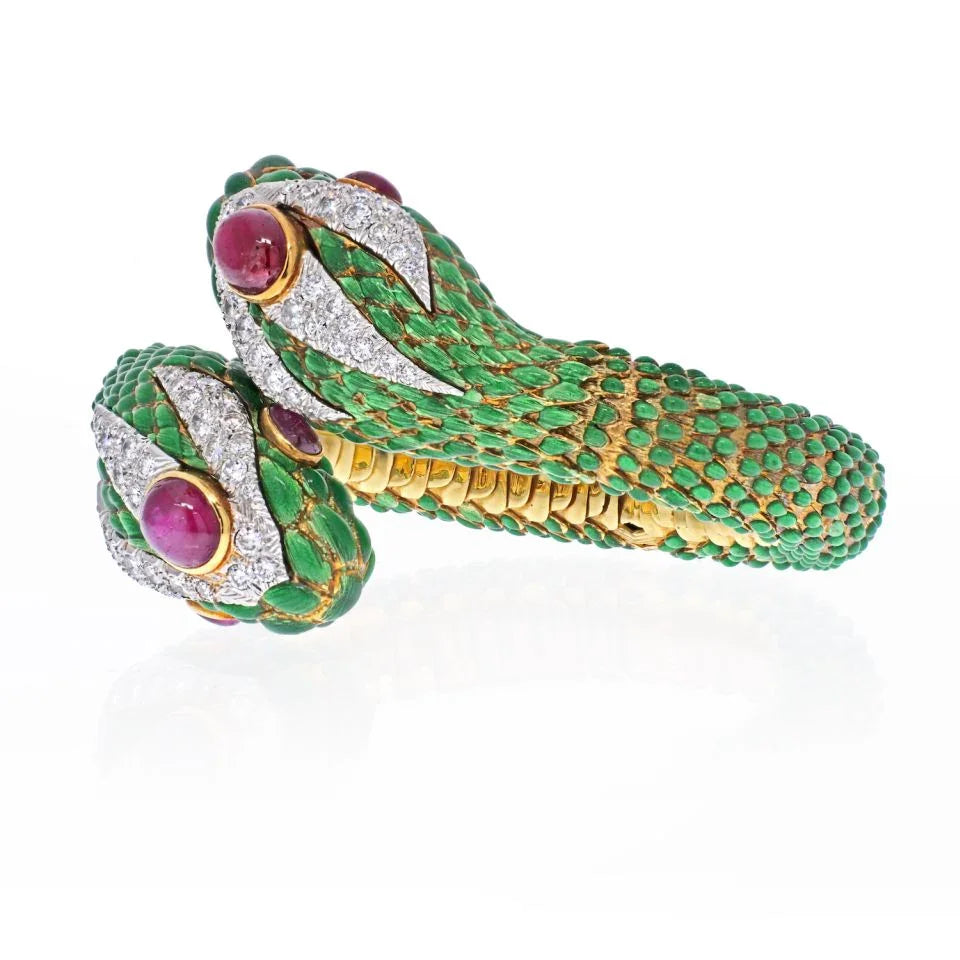 David Webb 18K Yellow Gold 1960's Double Headed Serpent Green Enamel Bracelet - The Back Vault