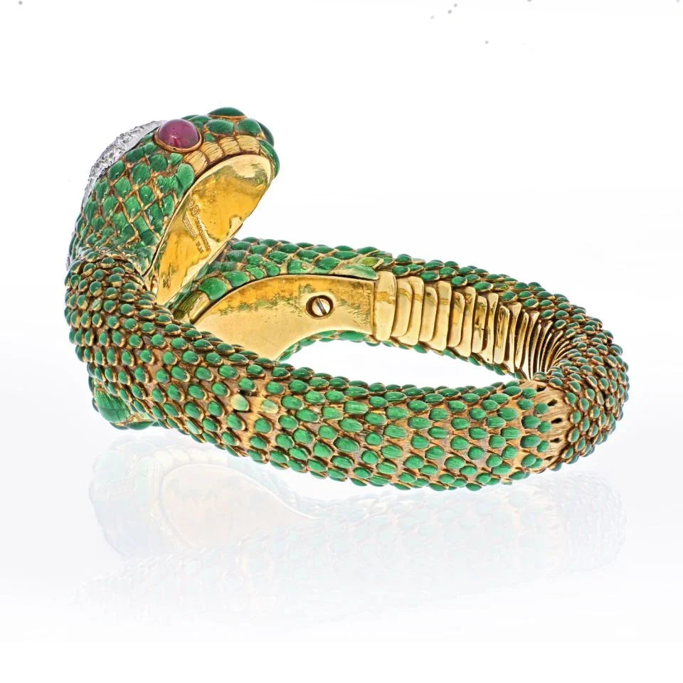 David Webb 18K Yellow Gold 1960's Double Headed Serpent Green Enamel Bracelet - The Back Vault