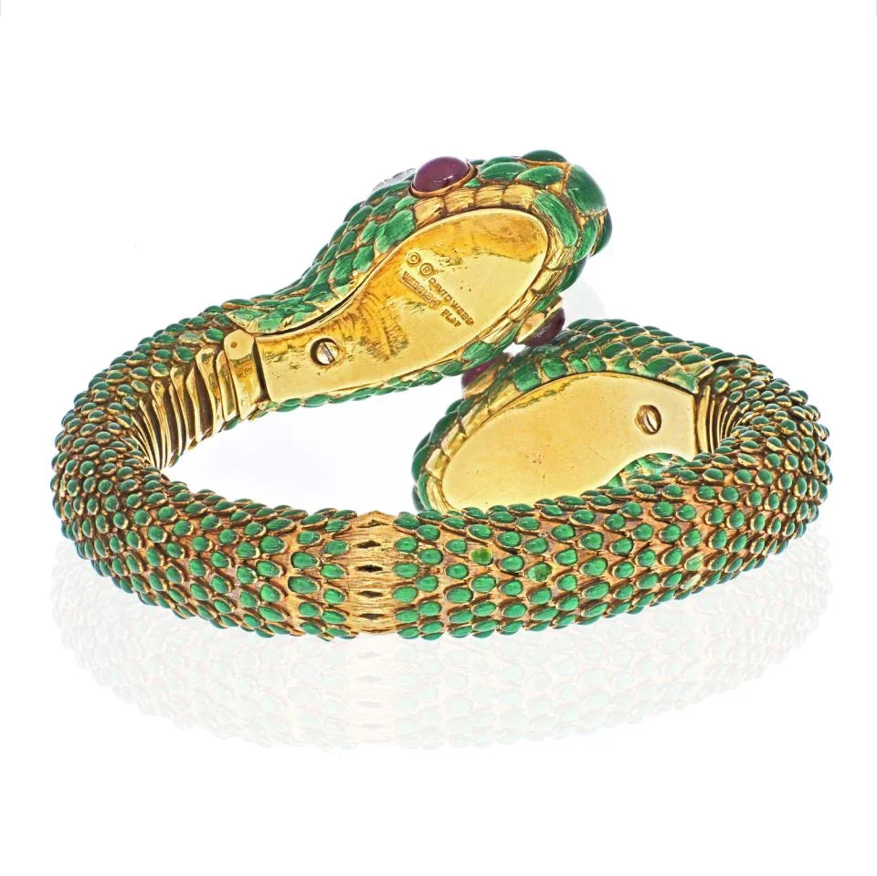 David Webb 18K Yellow Gold 1960's Double Headed Serpent Green Enamel Bracelet - The Back Vault