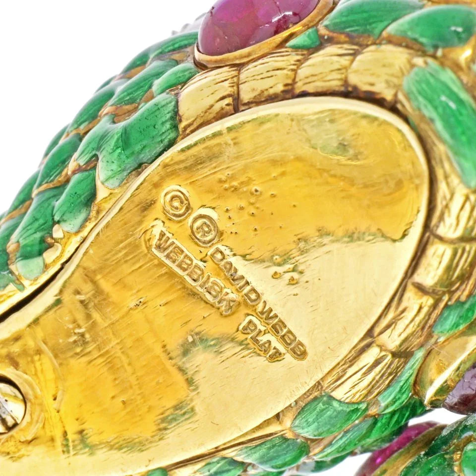 David Webb 18K Yellow Gold 1960's Double Headed Serpent Green Enamel Bracelet - The Back Vault