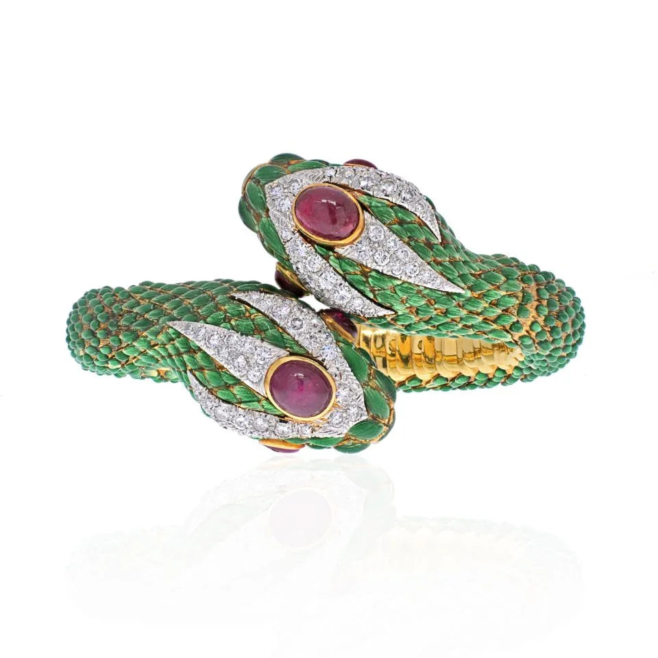 David Webb 18K Yellow Gold 1960's Double Headed Serpent Green Enamel Bracelet - The Back Vault