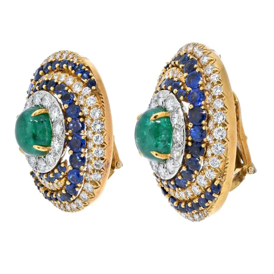 David Webb Platinum & 18K Yellow Gold Bombe Highly Decorated Diamond, Sapphire And Emerald Clip Earrings - The Back Vault