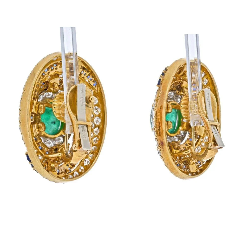 David Webb Platinum & 18K Yellow Gold Bombe Highly Decorated Diamond, Sapphire And Emerald Clip Earrings - The Back Vault