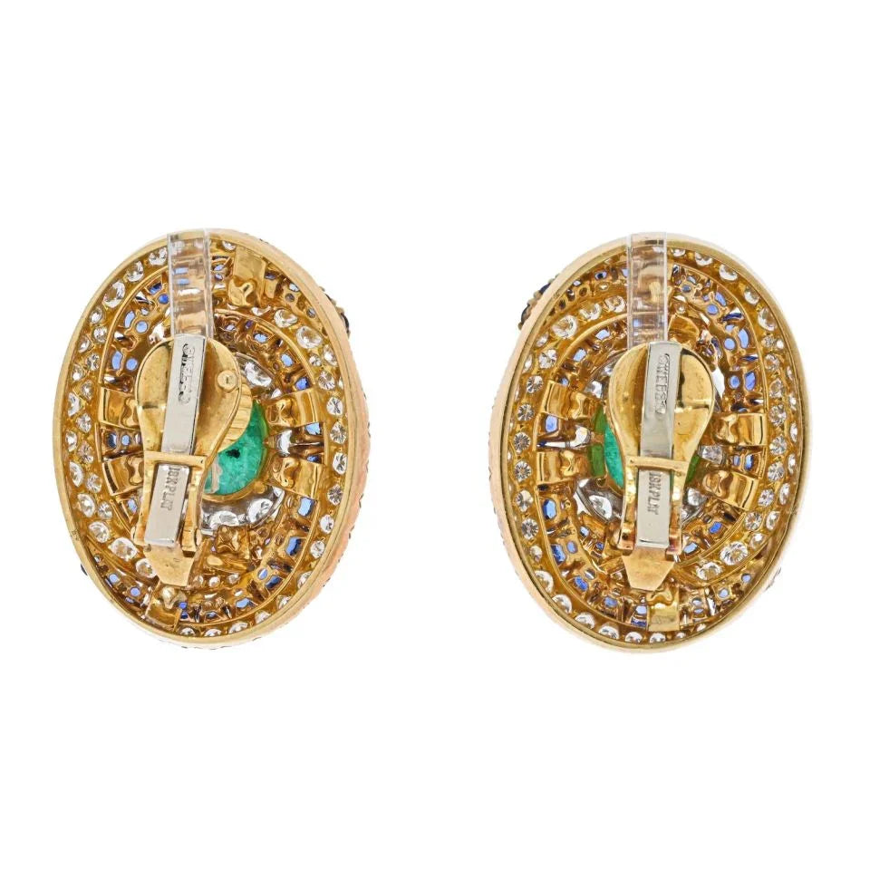 David Webb Platinum & 18K Yellow Gold Bombe Highly Decorated Diamond, Sapphire And Emerald Clip Earrings - The Back Vault