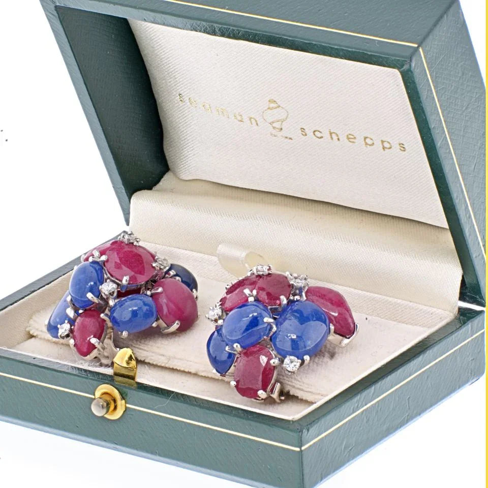 Seaman Schepps 14K White Gold Cluster Sapphire And Ruby Earrings - The Back Vault