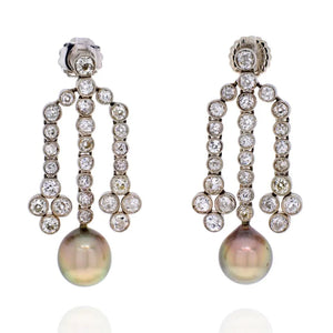 18K White Gold Old Mine Diamond Chandelier And Pearl Earrings