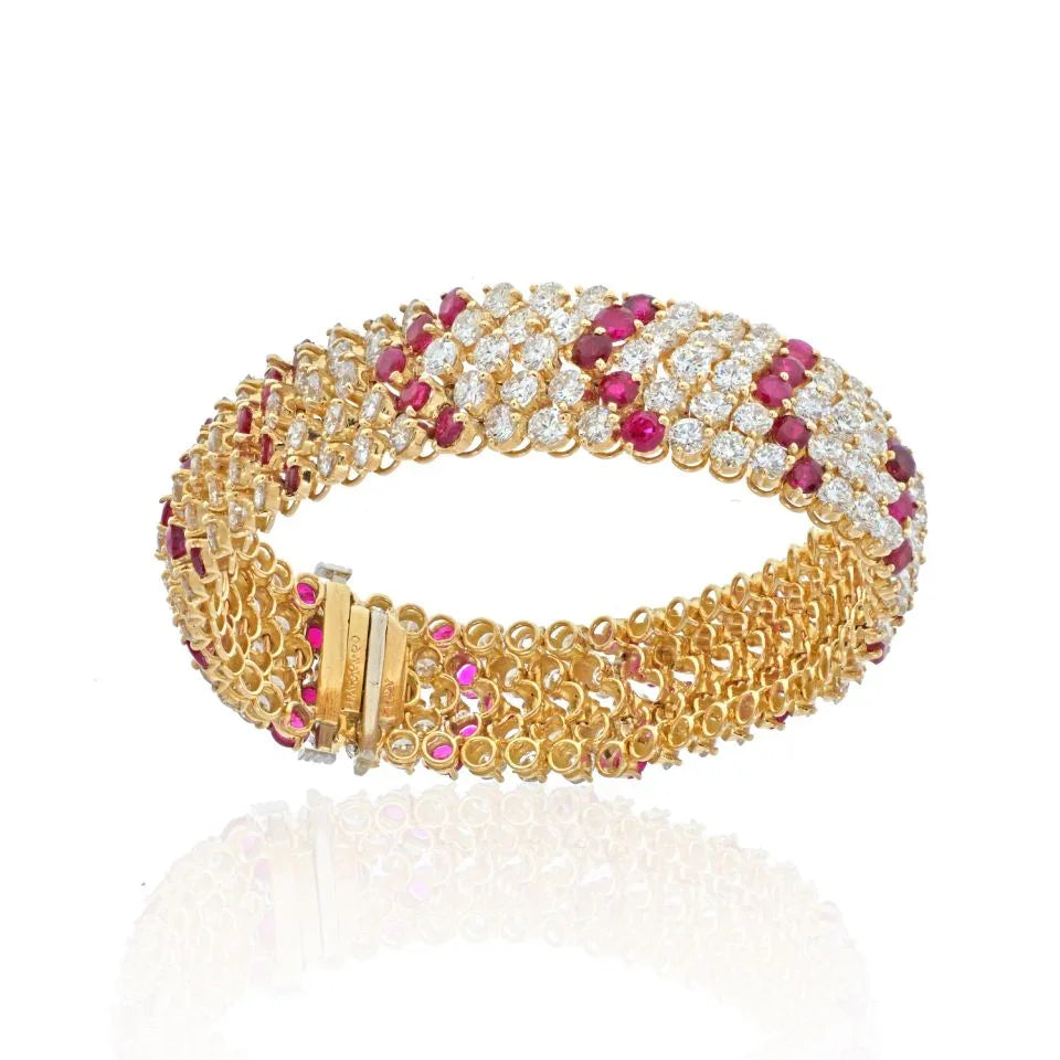 Van Cleef & Arpels 18K Yellow Gold 1960's Chevron Diamond Rubies Bracelet - The Back Vault