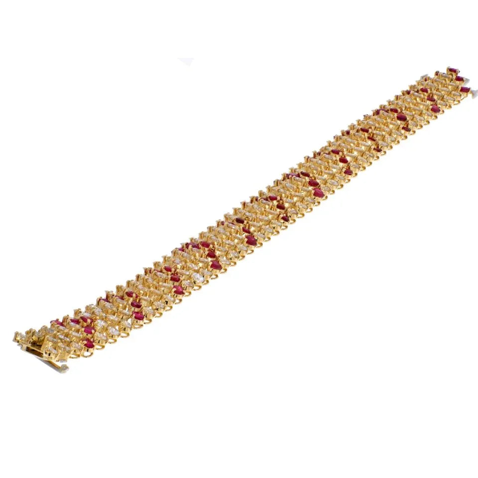 Van Cleef & Arpels 18K Yellow Gold 1960's Chevron Diamond Rubies Bracelet - The Back Vault