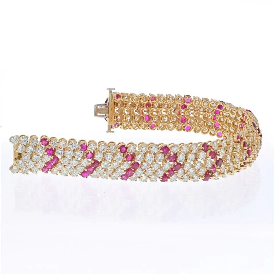 Van Cleef & Arpels 18K Yellow Gold 1960's Chevron Diamond Rubies Bracelet - The Back Vault