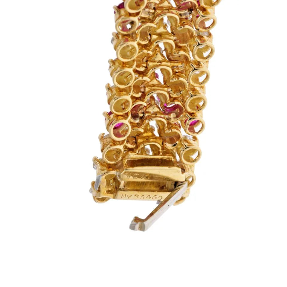 Van Cleef & Arpels 18K Yellow Gold 1960's Chevron Diamond Rubies Bracelet - The Back Vault