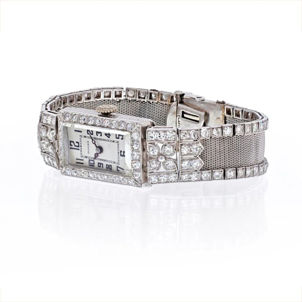 Platinum Art Deco Mesh Style Vintage Diamond Rectangular Watch - The Back Vault