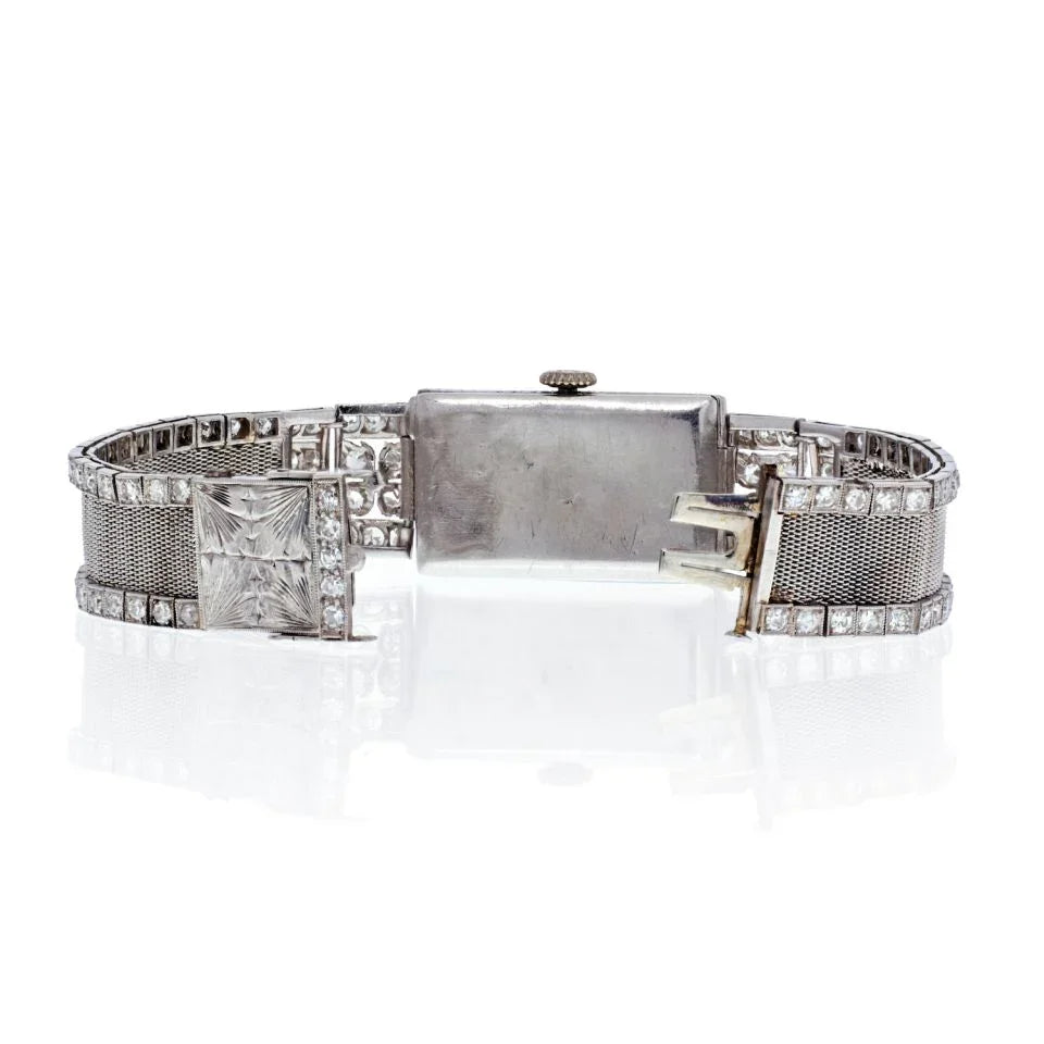Platinum Art Deco Mesh Style Vintage Diamond Rectangular Watch - The Back Vault
