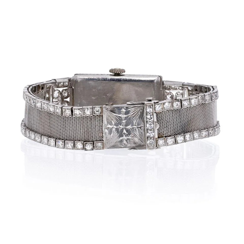 Platinum Art Deco Mesh Style Vintage Diamond Rectangular Watch - The Back Vault