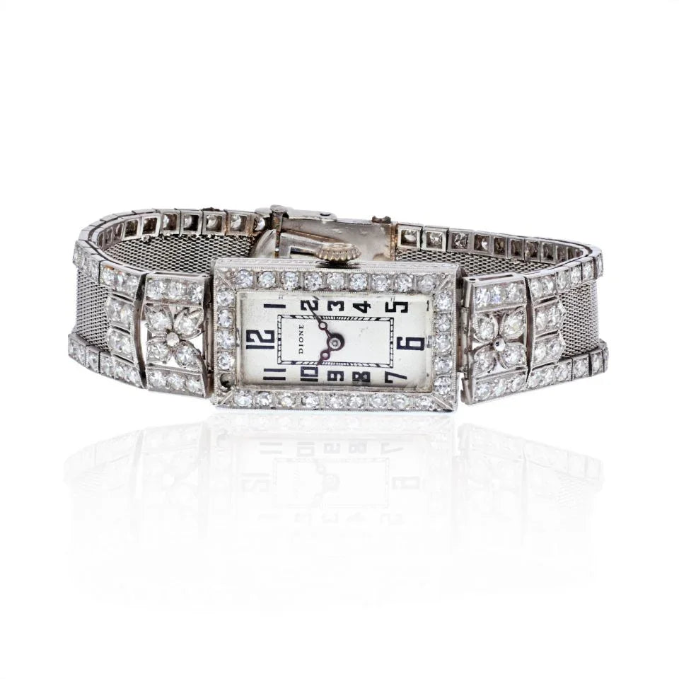 Platinum Art Deco Mesh Style Vintage Diamond Rectangular Watch - The Back Vault