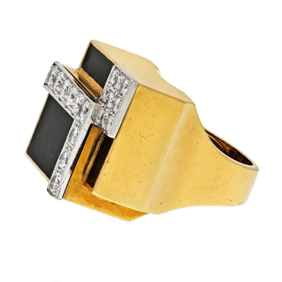 David Webb Platinum & 18K Yellow Gold Black Enamel And Diamond Articulated Ring - The Back Vault
