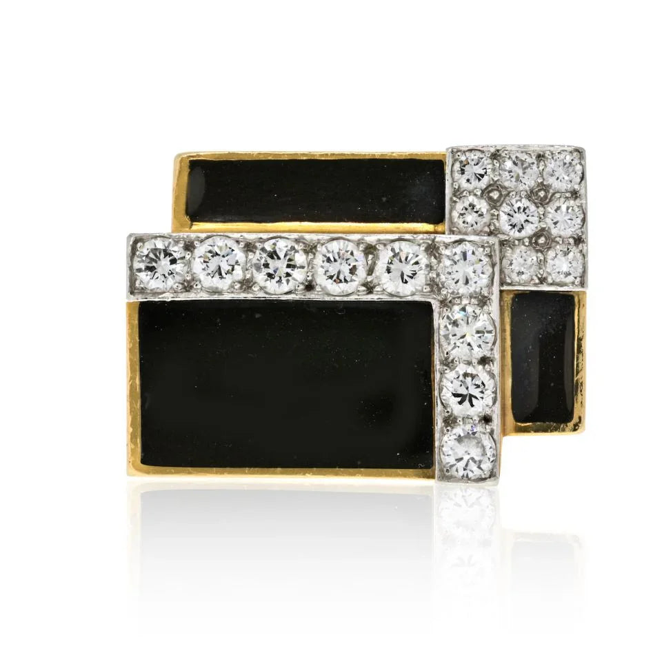 David Webb Platinum & 18K Yellow Gold Black Enamel And Diamond Articulated Ring - The Back Vault