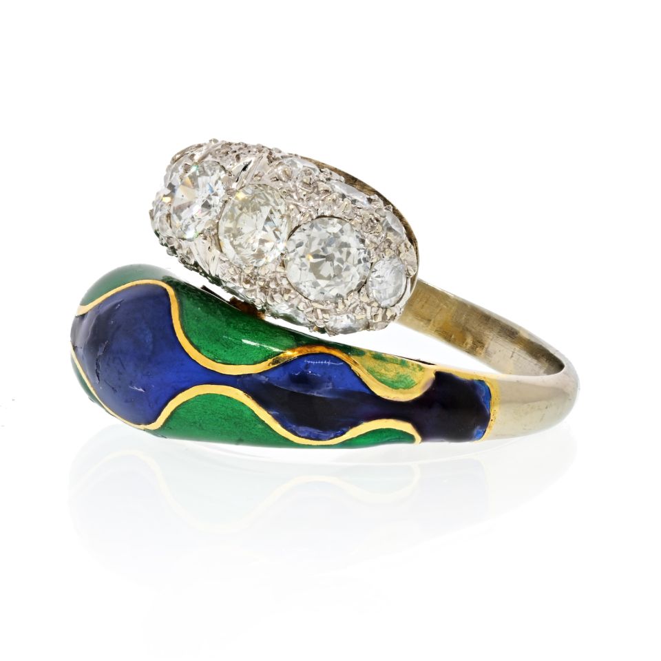 18K White Gold Bypass Green Enamel Diamond Ring