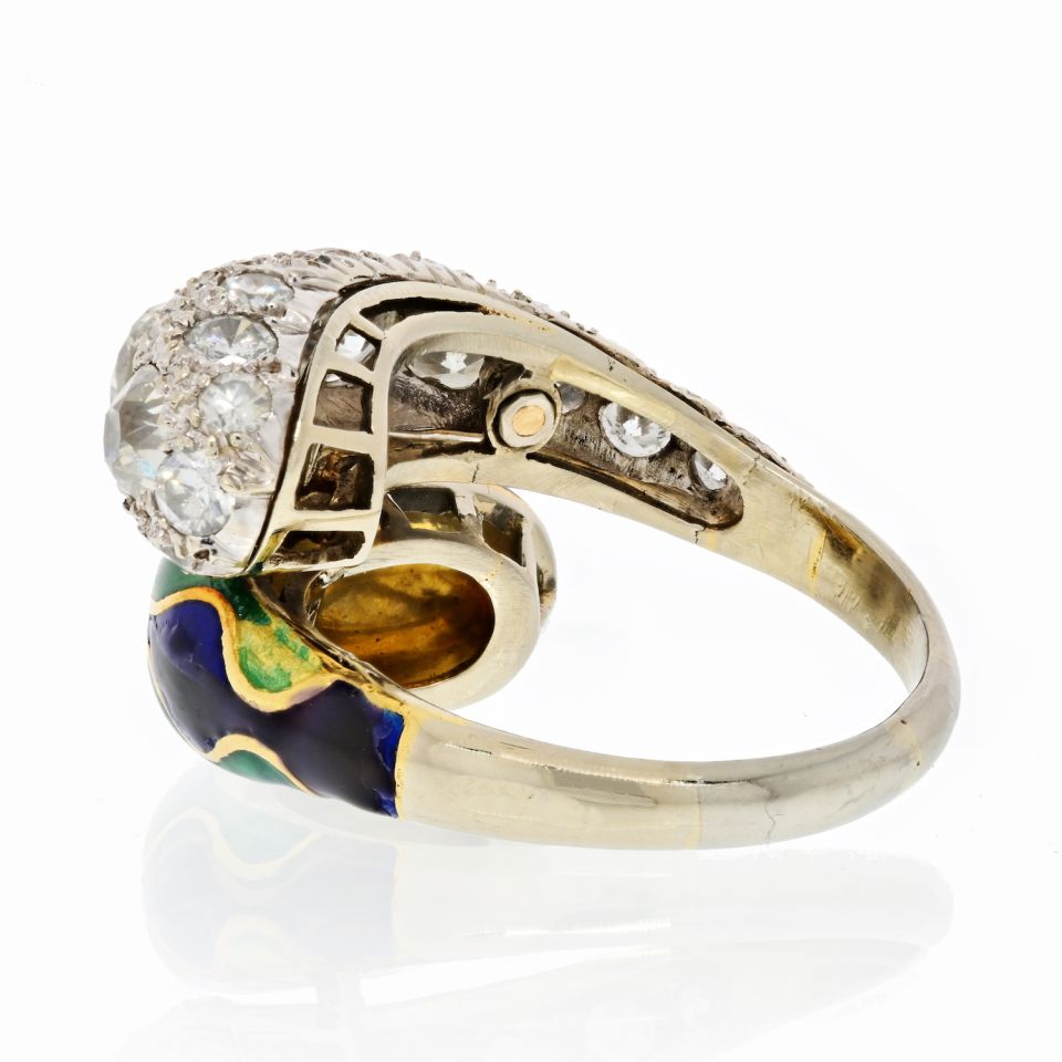 18K White Gold Bypass Green Enamel Diamond Ring