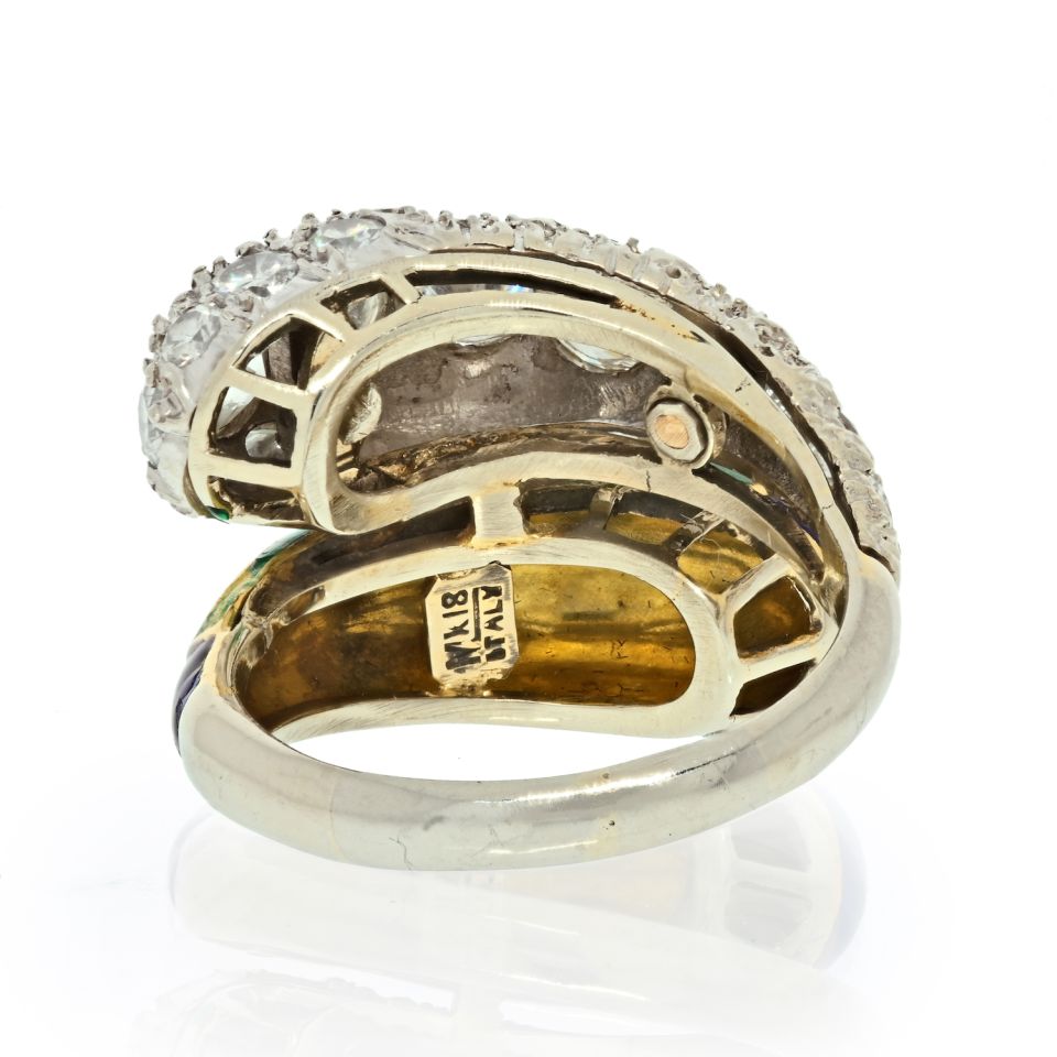 18K White Gold Bypass Green Enamel Diamond Ring