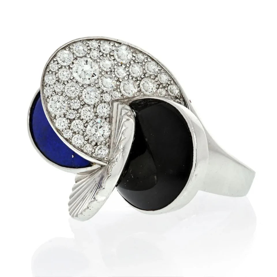 Cartier 18K White Gold Onyx, Lapis And Diamond Ring - The Back Vault