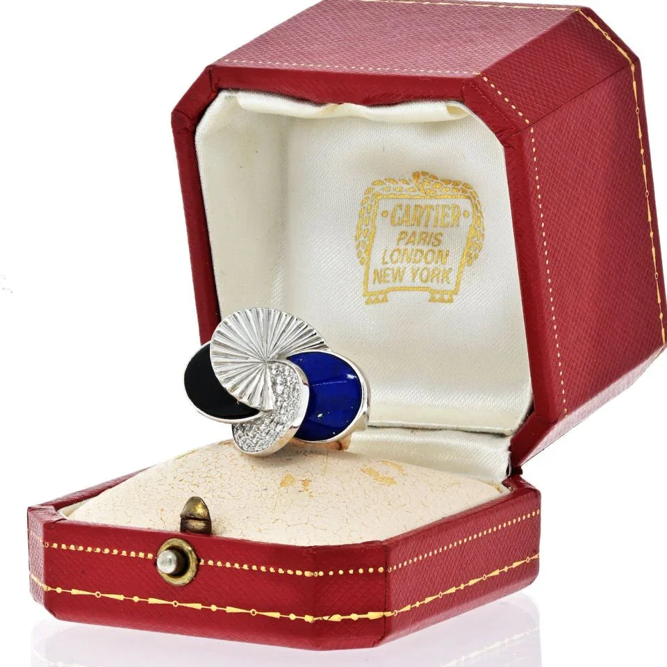 Cartier 18K White Gold Onyx, Lapis And Diamond Ring - The Back Vault