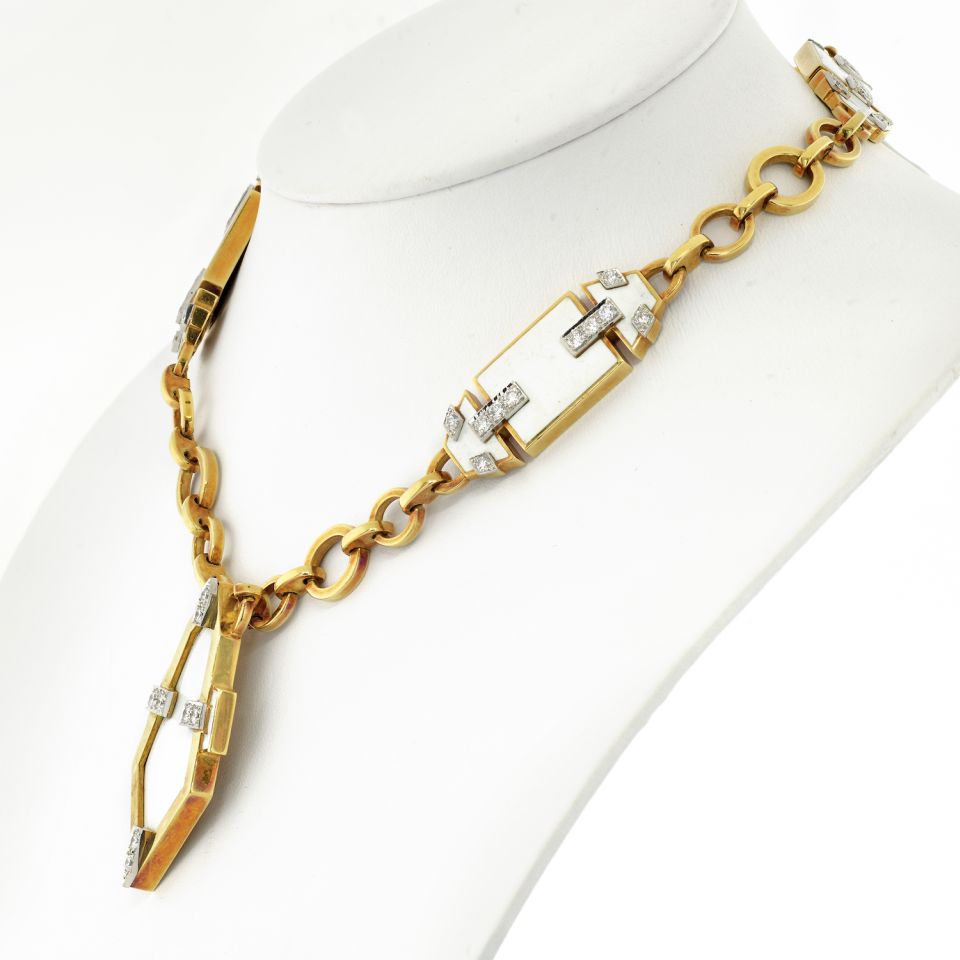 David Webb Platinum & 18K Yellow Gold White Enamel Geometric Pendant Chain Necklace
