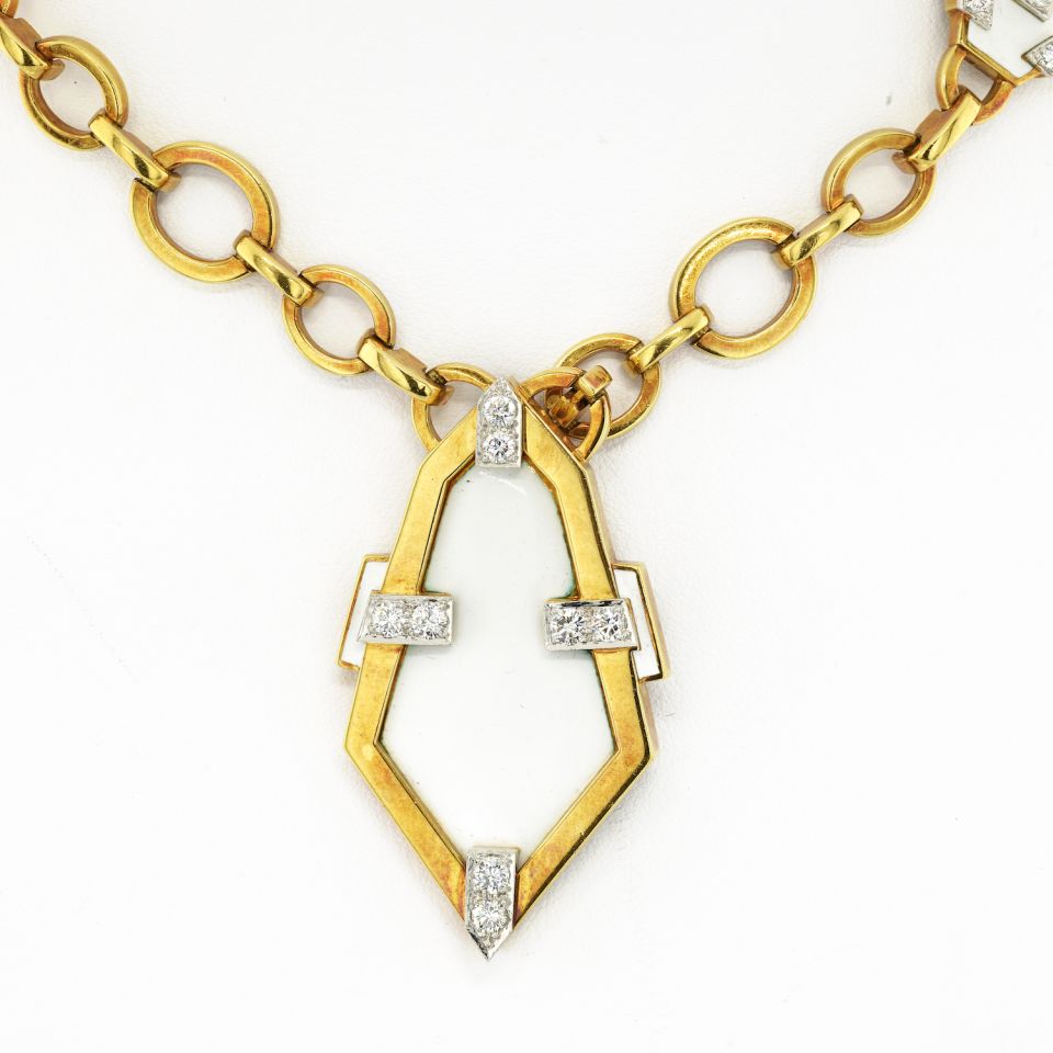 David Webb Platinum & 18K Yellow Gold White Enamel Geometric Pendant Chain Necklace