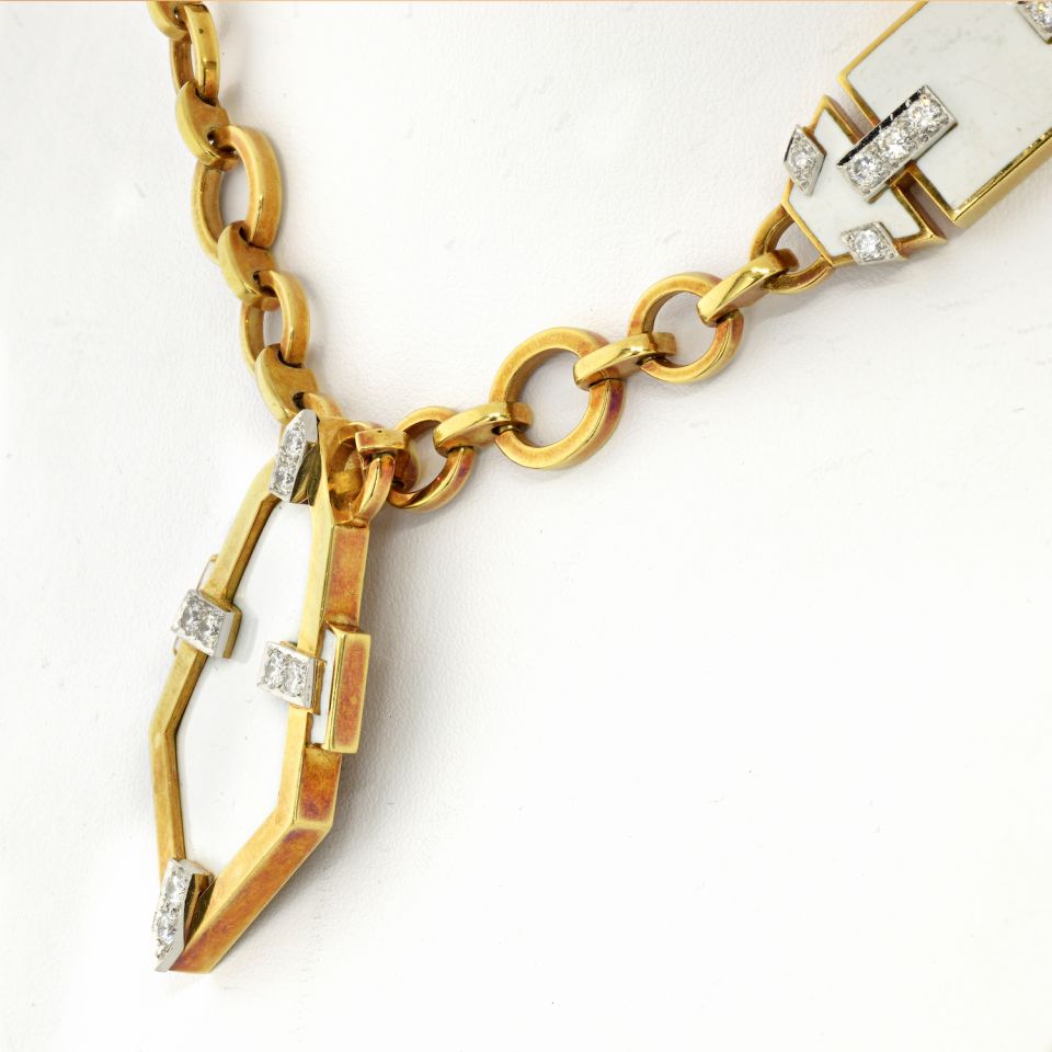 David Webb Platinum & 18K Yellow Gold White Enamel Geometric Pendant Chain Necklace