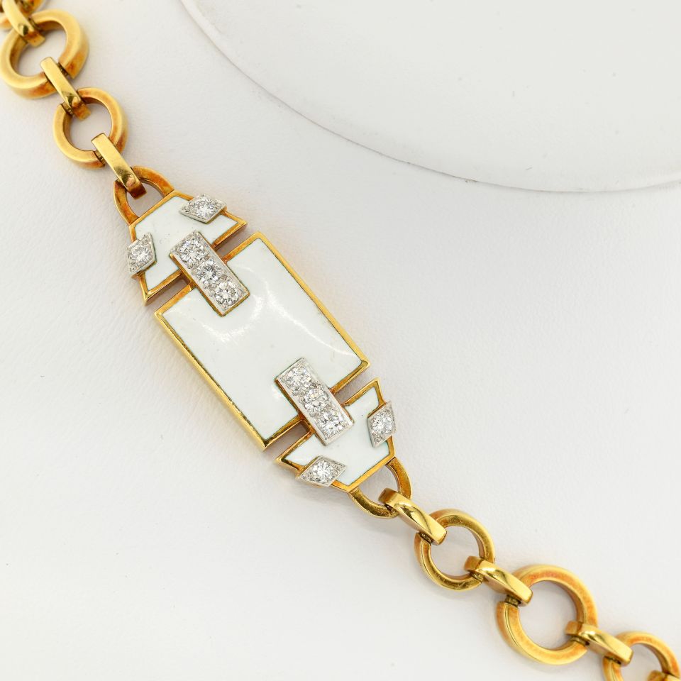 David Webb Platinum & 18K Yellow Gold White Enamel Geometric Pendant Chain Necklace