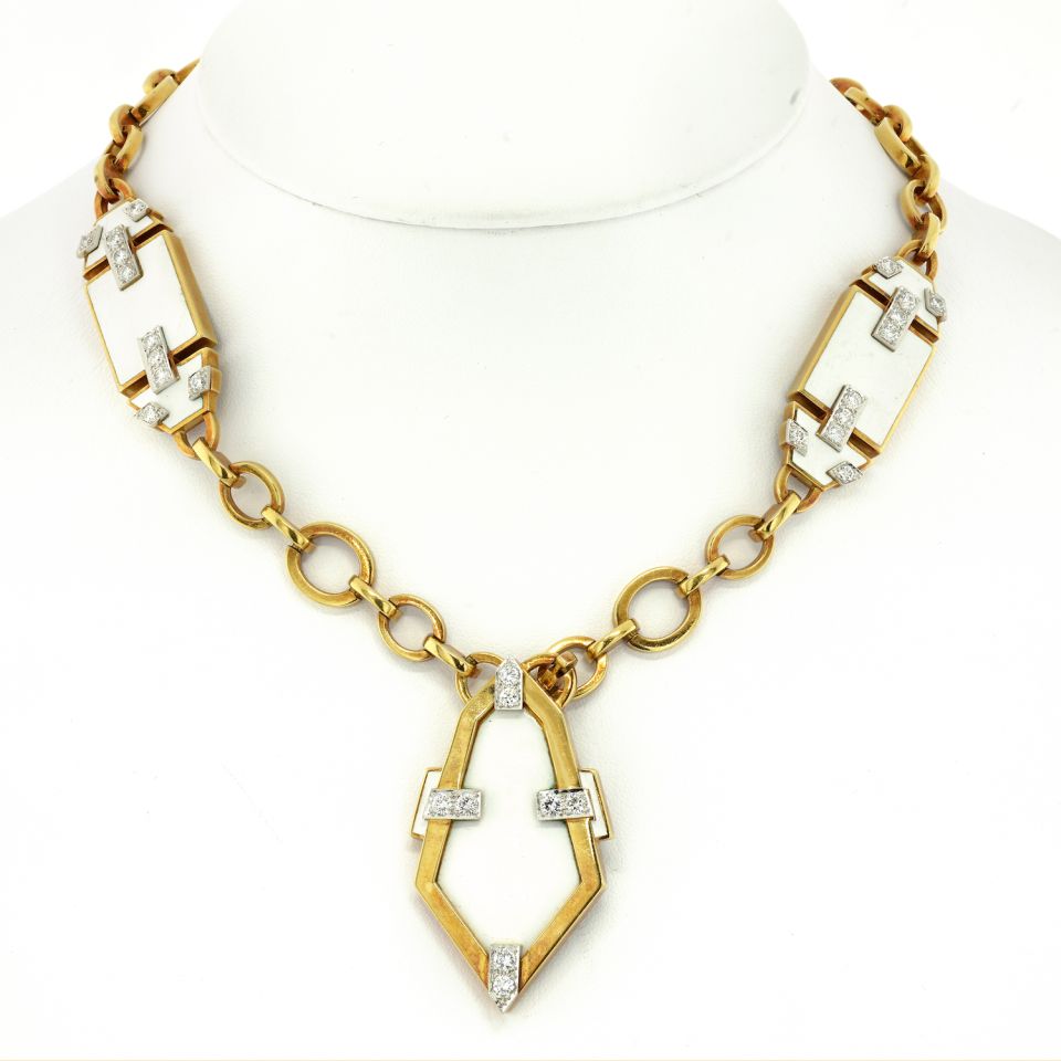 David Webb Platinum & 18K Yellow Gold White Enamel Geometric Pendant Chain Necklace