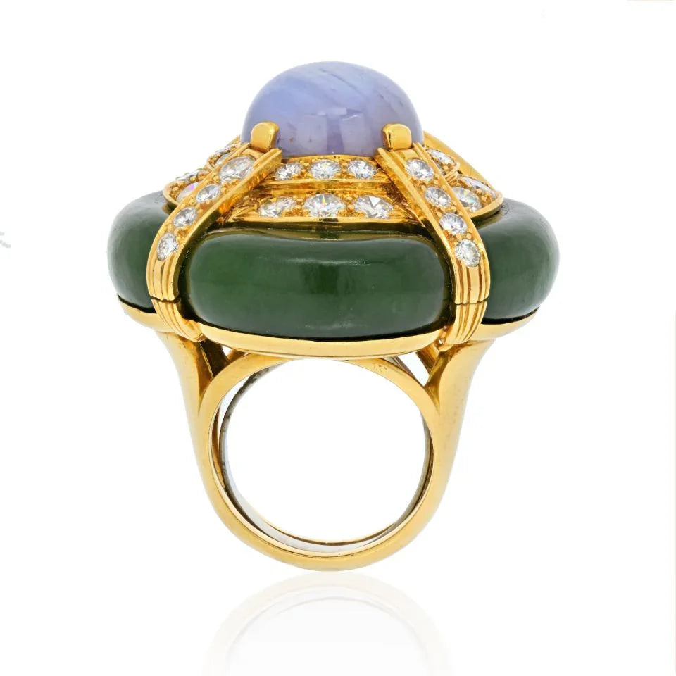 David Webb 18K Yellow Gold Star Sapphire Nephrite Jade Ring - The Back Vault