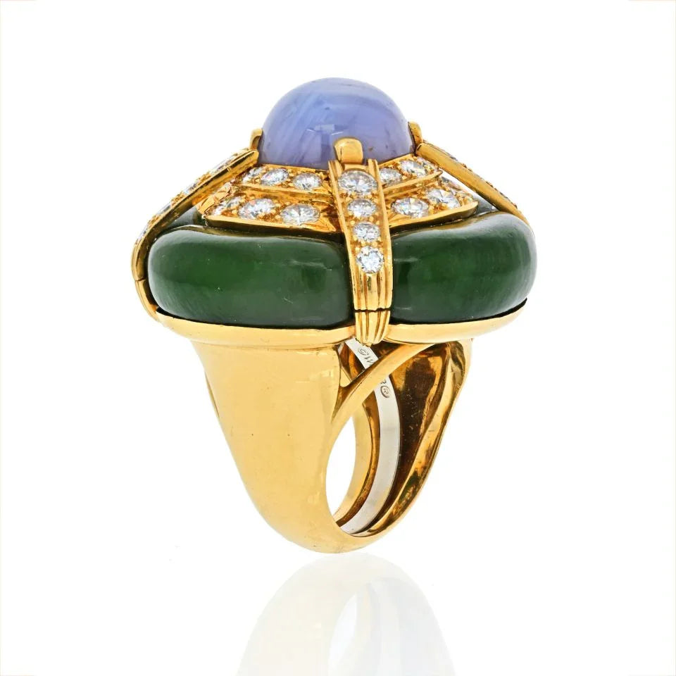 David Webb 18K Yellow Gold Star Sapphire Nephrite Jade Ring - The Back Vault