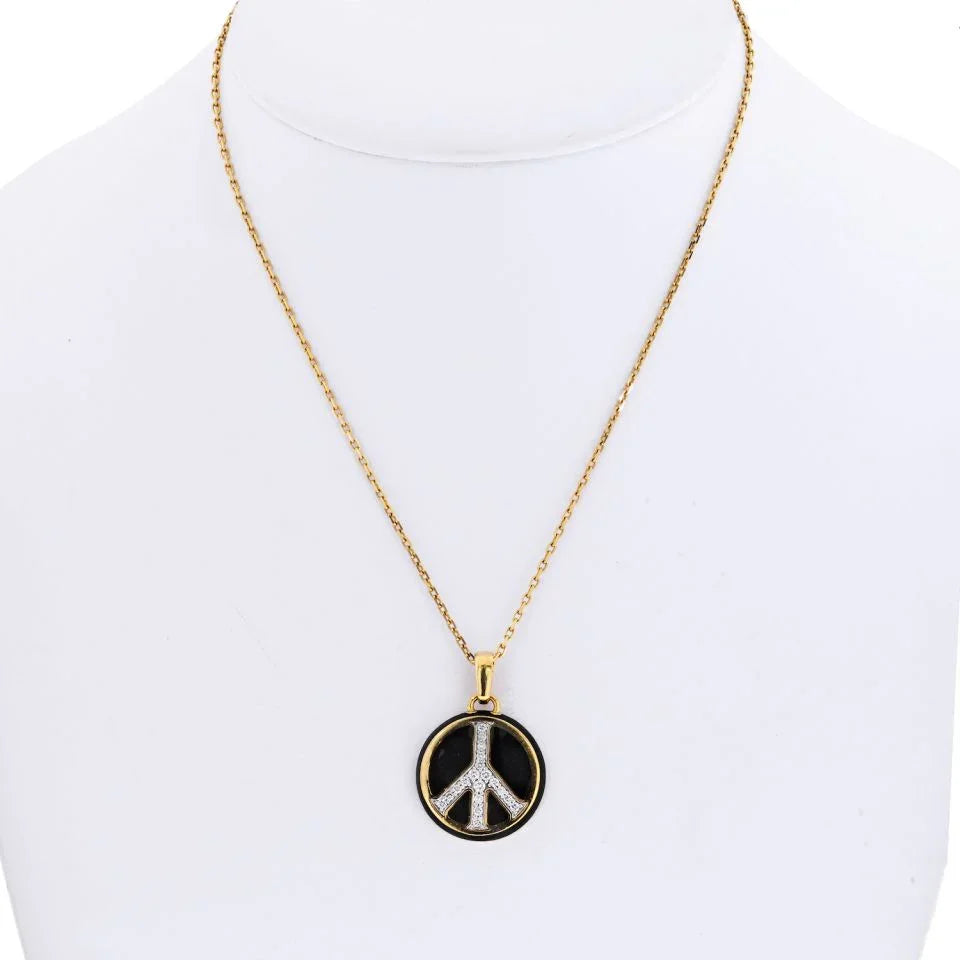 David Webb 18K Yellow Gold Peace Black Enamel And Diamonds Round Pendant Necklace - The Back Vault