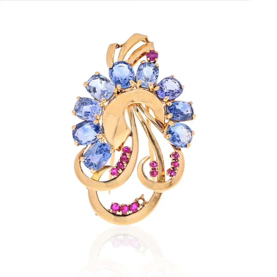 Raymond C. Yard 14K Rose Gold Sapphire And Ruby 1940's Brooch - The Back Vault
