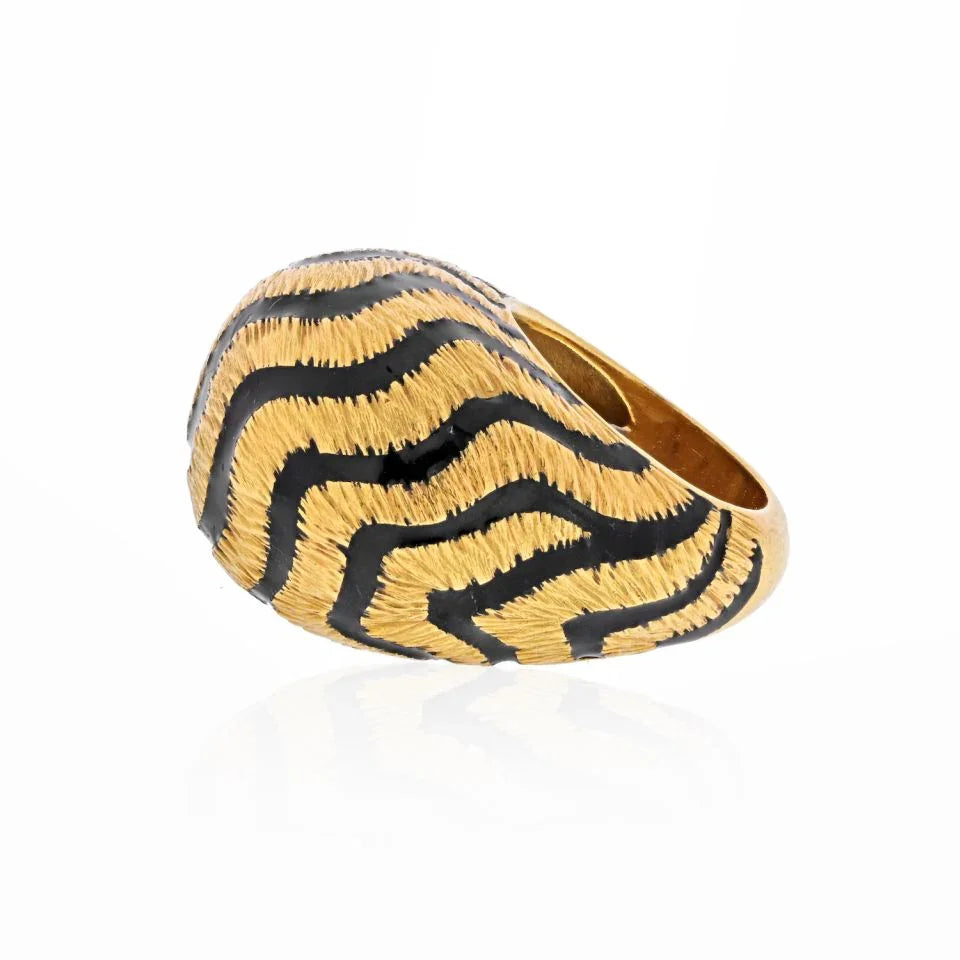 David Webb 18K Yellow Gold 1970's Tiger Stripe Black Enamel Dome Ring - The Back Vault