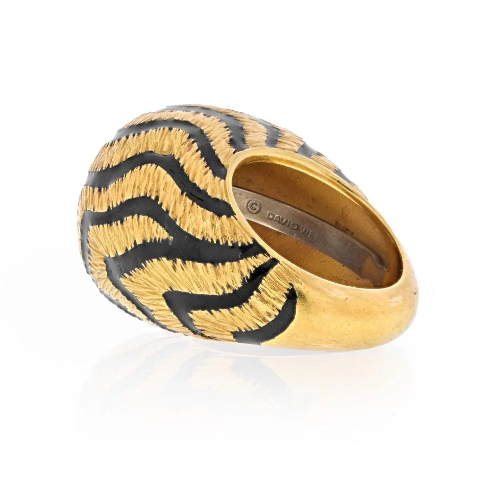 David Webb 18K Yellow Gold 1970's Tiger Stripe Black Enamel Dome Ring - The Back Vault
