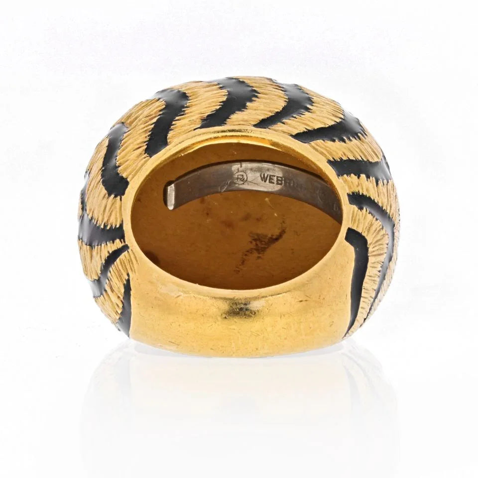 David Webb 18K Yellow Gold 1970's Tiger Stripe Black Enamel Dome Ring - The Back Vault