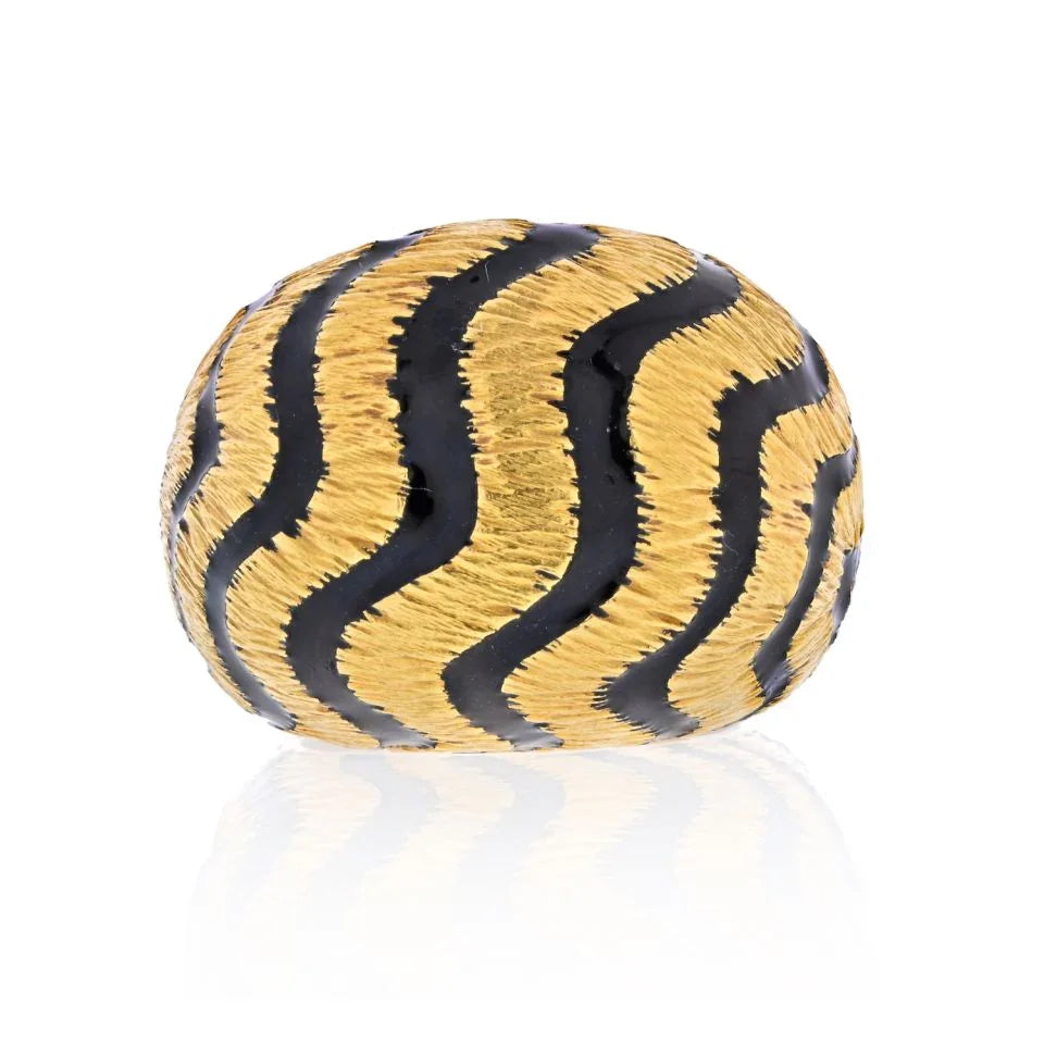 David Webb 18K Yellow Gold 1970's Tiger Stripe Black Enamel Dome Ring - The Back Vault