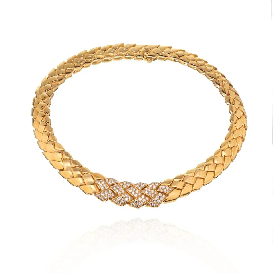 Van Cleef & Arpels 18K Yellow Gold Substantial Woven Design Diamond Collar Necklace - The Back Vault